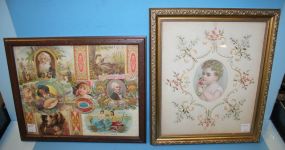 Embroidered Frame of Picture of Child and Framed Cigar Labels