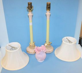 Pair of Art Deco Pink/Green Milk Glass Candle Lamps