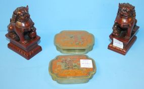 Two Brass Paint Decorated with Warriors Boxes and Pair of Foo Dog Bookends