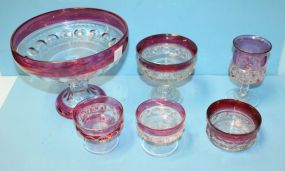 Six Pieces Cranberry Flash Glass, Compote, Sherbets, Bowl, Glass, and Compote