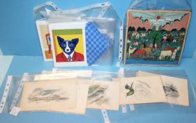 Seven Small Prints of Birds, Blue Dog Note Cards, and Print of Board