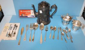 Lot of Silverplate Includes pot (lid needs repair) sugar, creamer, spoons, and snuffer.