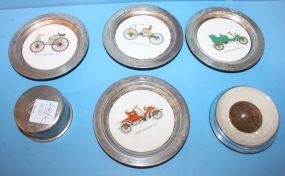 Four Silverplate Coasters wit Cars, Silverplate Collapsing Measure Cup, 1848 Penny Paperweight