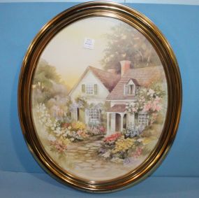 Oval Print of House Surrounded by Flowers