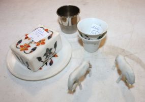 Small Marble Dish, Marble Box, Two Saki Cups, Large Thimble, and Two Small Porcelain Horses
