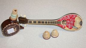 Handpainted Music Box Instrument, German Music Box Cork, Carved Head Plaque, and Two Carved Pagoda's
