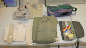 Four WWII Officer's Shirts, Caps, Badges, Tie, 2 Pairs Pants, and Shoes