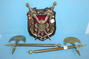 Decorative Medieval Plaque and Two Brass Hatchets