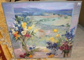 Painting on Board of Flowers on Table Setting on Porch Surrounded by Hills, Signed Stevens