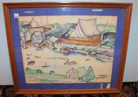 1962 Irlyn Cruthirds Watercolor of Boats and Buildings