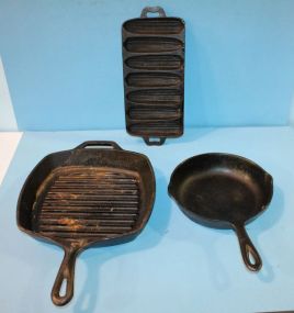 Skillets and Pan Three Iron skillets, muffin pan, square 10
