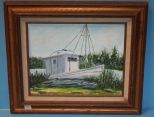Small Painting of Shrimp Boat signed Lola Ross 19