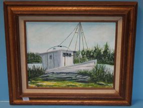 Small Painting of Shrimp Boat signed Lola Ross 19