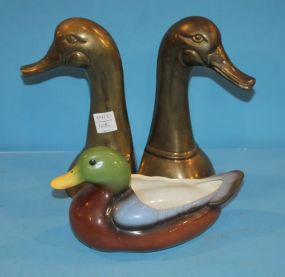 Pair of Brass Duck Bookends and Painted Ceramic Duck Planter