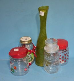 Glass Vase and Jars Four Christmas jars and plastic green 60's vase, 14
