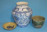 Two Midnight Pottery Pieces and Porcelain Blue and White Vase