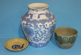Two Midnight Pottery Pieces and Porcelain Blue and White Vase