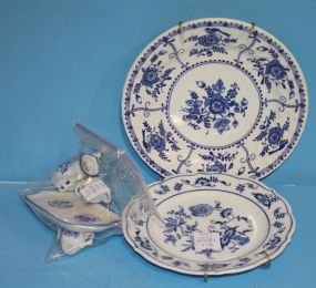 Miniature Blue and White Tea Set, Two Onion Pattern Blue and White Plates