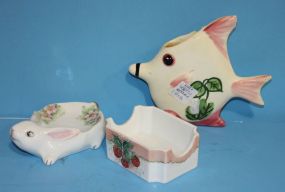 Two Handpainted Small Trays Painted by L.M. Jones Rabbit, dish, Handpainted fish (chipped).