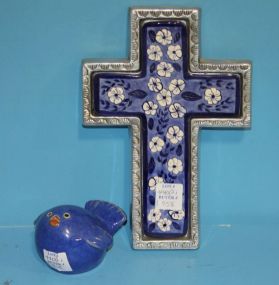 Blue and White Porcelain Cross and Blue Porcelain Bird