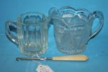 Celluloid Vintage Button Hook and Two Small Glass Pitchers