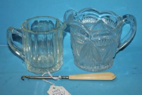 Celluloid Vintage Button Hook and Two Small Glass Pitchers