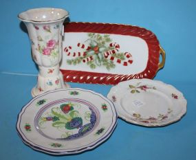 Porcelain Vase, Handpainted Tray, and Two Plates