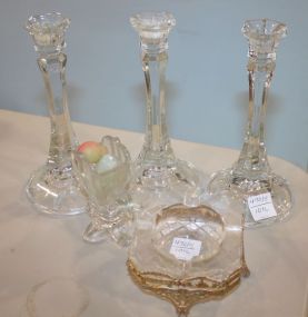 Three Glass Candlesticks, Vintage Glass Ashtray, and Small Glass Fleux De Lis Vase