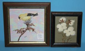 Small Oil Painting of Cotton Balls and Painted Bird in Limb on Porcelain
