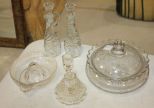 Juicer, Double Candleholder, 2 Glass Cruet Bottles, and Glass Covered Casserole