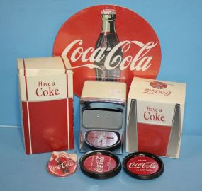 13 Metal Coke Coasters, Small Coke Round Mirror, 1991 Cardboard Coke Button, 3 Coke Napkin Dispensers