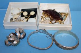 2 Small Boxes of Costume Jewelry 3 Mexican .925 sterling silver bracelets.