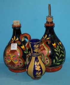 Pair of Two Cobalt Porcelain Painted Jugs and Small Cobalt, Gold Decorated Vase