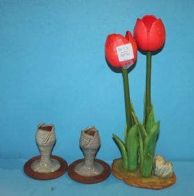 Porcelain Flame Tulip Vase by Andrea, Pair Small Pottery Candlesticks