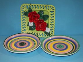 Handpainted Ceramic Floral, Reticulated Wall Plaque, Two Ceramic Plates 8
