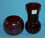 Red Glass Rose Bowl and Red Glass Vase