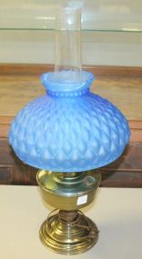 Brass Aladdin Lamp with Blue Satin Glass Shade Top of shade has cracks, 23