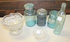 Three Ball Jars, Hires Carbonated Bottle, Press Glass Punch Bowl