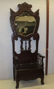 Mahogany Carved Hall Seat with Mirror and Lift Up Seat