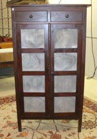 Mahogany Double Door Pie Safe with Two Drawers and 16 Punched Tins