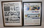 Framed Automobile Advertisement Prints 1938 Plymouth and 1950 Greyhound Bus.