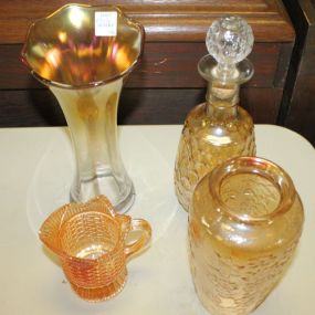 Four Pieces Carnival Glass, Vases, Decanter, and Creamer Four Pieces Carnival Glass, Vase 10