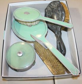 Four Piece Vintage Dresser Set and Silverplate Art Nouveax Brush
