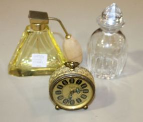 Vintage Yellow Itomizer, Clear Perfume, German Sheffield Alarm Clock