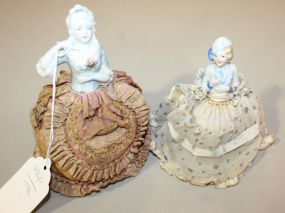 Two Vintage Porcelain Head Pin Cushion Dolls