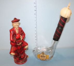 Whyte & MacKay's Blended Scotch Whiskey Decanter of Man with Bag Pipes, George Dickel Glass Golf Club Decanter