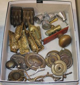Box of Drawer Pulls, Knobs, Brass Claw feet, and Door knob