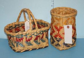 Two Choctaw Baskets One is Yellow, Blue, and Orange, one is blue and Maroon, 8