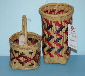 Two Choctaw Baskets one black, red, and maroon, one is red and blue, 9