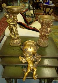 2 Gilt Cherub Floral Stands & a Cherubs Wall Sconce A 17 1/2